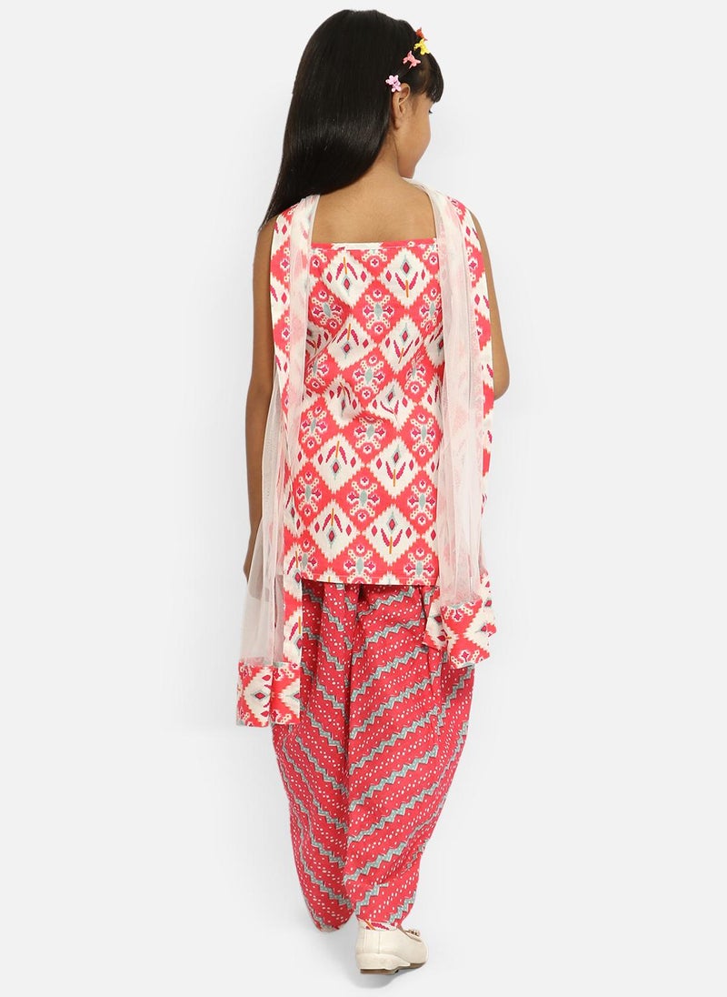 Nautinati Girls' 100% Cotton All-over Print Kurti With Dhoti Pants & Net Dupatta - Image 2